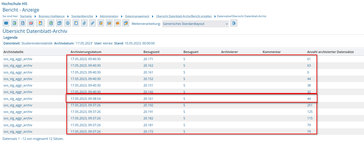 Auswahl des einzufrierenden Datenblattes